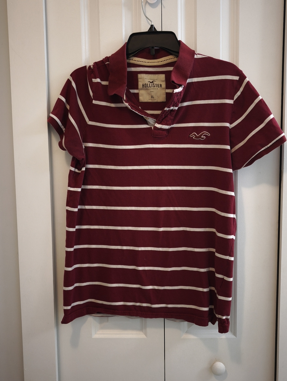 Vintage Style Hollister Women's Maroon and White Striped Polo Shirt